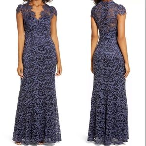 Eliza J lace v neck trumped gown navy maxi dress